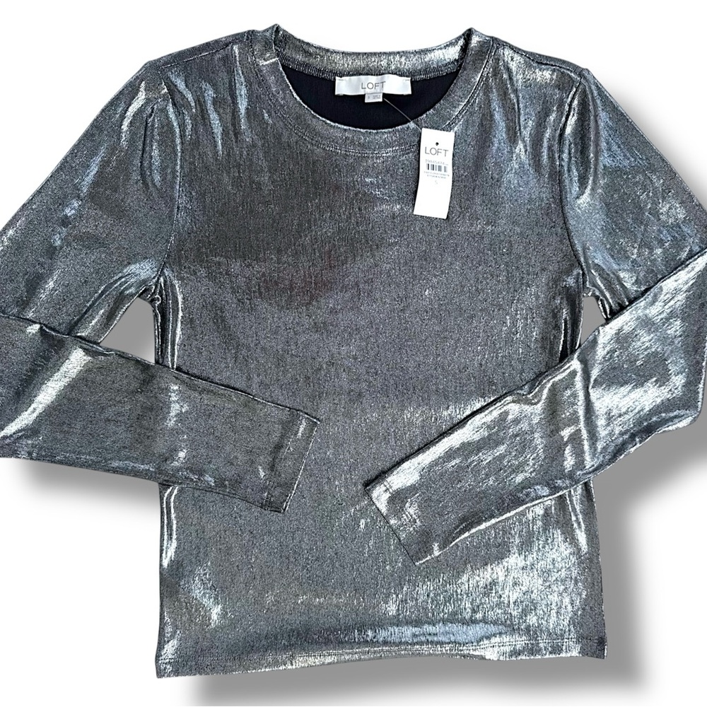 LOFT Metallic Silver Long-Sleeve Crewneck Top